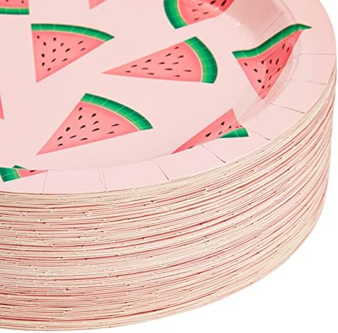 BLUE PANDA Pink Watermelon Paper Plates - Heavy-Duty Disposable Watermelon Dessert Plates - Baby Shower & 1st Birthday Tableware - One in a Melon Party Decoration - 9 Inch - Pack of 80 - Image 4