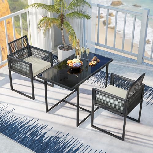 Tangkula 3 Pieces Patio Dining Set, Outdoor Space-Saving PE Wicker Bistro Set with Cushions, Patio Tempered Glass Top Table and Chairs Set for Porch, Garden and Backyard - Image 3