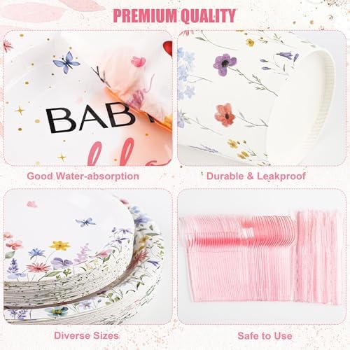 Kochorie 175 Pieces Wildflower Spring Floral Party Supplies Baby in Bloom Tableware Set 7 Inch & 9 Inch Paper Plates Napkins Cups Cutlery for Spring Picnic Baby Shower Decoration, Serve 25 Guests - Image 3