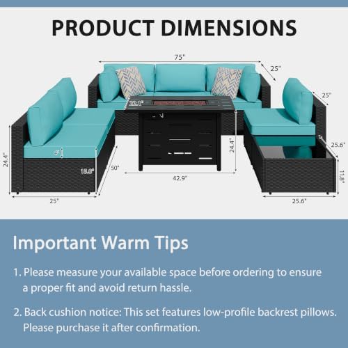 Shintenchi 8 Piece Outdoor Patio Furniture Set with 43 Inch Propane Fire Pit, Washable Cushions, Glass Coffee Table, Waterproof Cover & CSA Certified for Backyard Poolside, Black PE Rattan/Blue - Image 2