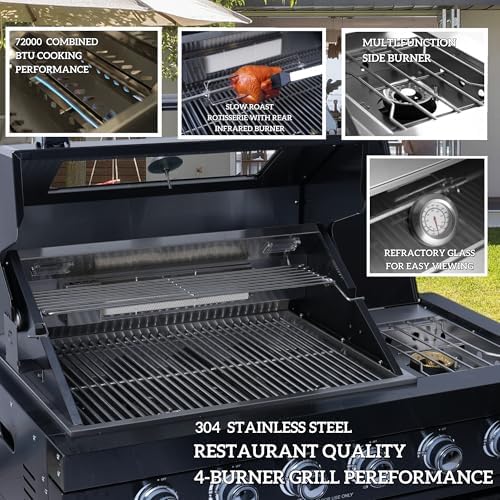 98 Inches Outdoor Kitchen Island, 4-Burner 72000 BTU Propane Stainless Steel BBQ with Side/Rear Burners, With Refrigerator and Sink, Rotisserie, Granite Countertops, Storage, For Backyard BBQ, Silver - Image 6