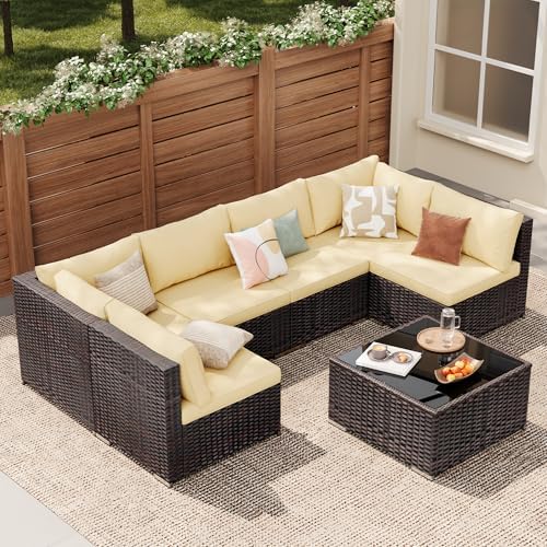 Qsun Patio Furniture Sets 7 Pieces Outdoor Sectional Rattan Sofa Manual Weaving Wicker Patio Conversation Set with Glass Table and Cushion (Beige) - Image 6