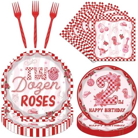 Two Dozen Roses 2nd Birthday Theme Decorations, 96PCS 2nd Birthday Disposable Paper Plates and Napkins Party Decorations for Girl, Pink Floral Western Theme Forks Tableware Set Serves 24 by Deorfuy