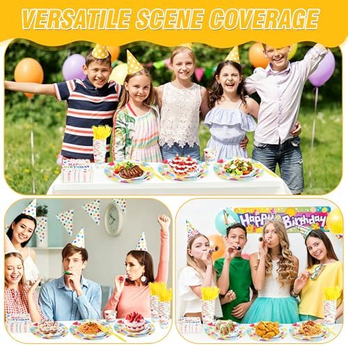 144 Pcs Birthday Party Tableware Set for 24 Guests, Heavy-Duty 7" & 9" Paper Plates, Cups, 2-Ply 13" Napkins & Plastic Forks, Disposable Rainbow Confetti "Happy Birthday" Party Supplies - Image 5