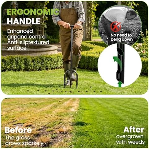 Manual Lawn Core Aerator Tool – Heavy Duty Hand Soil Aerator with 3 Hollow Tines, Pre-Assembled Lawn & Garden Plug Remover for Grass Growth & Soil Improvem - Image 3