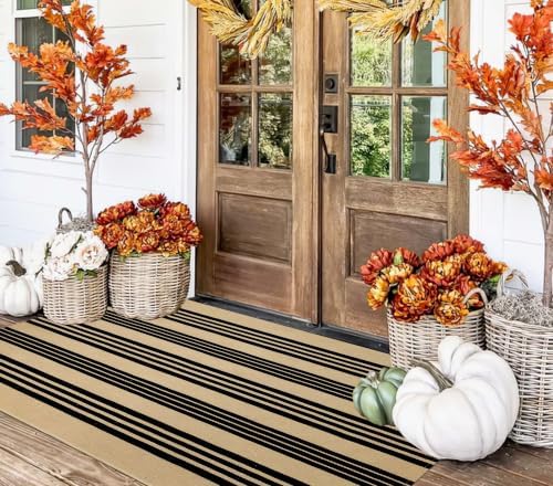 Outdoor Rug 3'x 5',Black and Tan Striped Area Rug Fall Front Porch Mat - Image 5