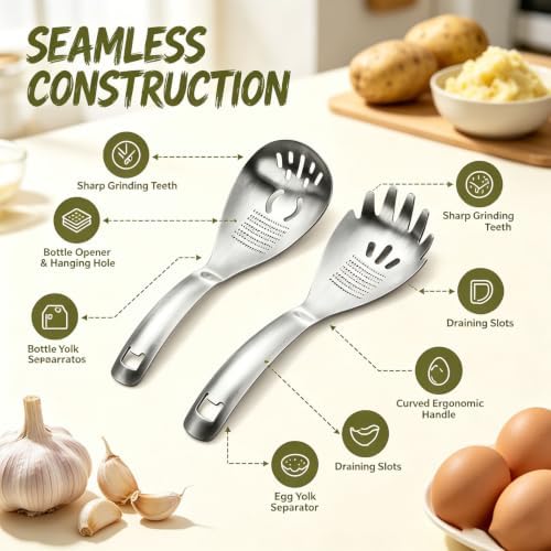 5-in-1 Stainless Steel Cooking Spoon Set, Multifunction Cooking Spoon,with Potato Masher, Egg Yolk Separator, Grater Plate, Bottle Opener & Slotted Spoon(Pack of 2) - Image 3