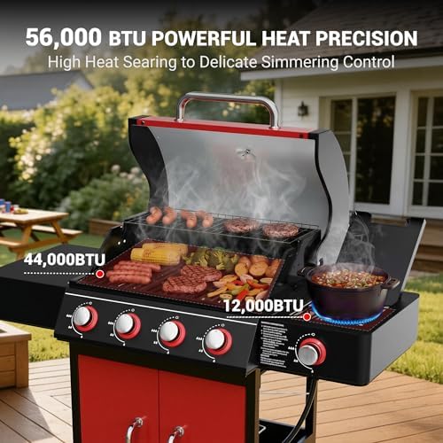HUGROVE 4 Burner Propane Gas Grill Outdoor 56,000 BTU with Side Burner Red - Image 3