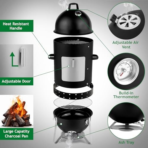 VINGLI 4-Tier 3-in-1 Vertical Charcoal Grill, 18.8 Charcoal Smoker with Built-in Thermometer, Air Vent and Access Doors, Perfect for Outdoor Cookings, Camping, Picnics, BBQs, and Tailgating Parties - Image 5