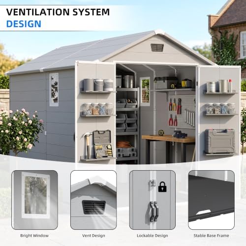 Greesum 6x10FT Plastic Outdoor Storage Shed with Floor, Light Gray - Image 4
