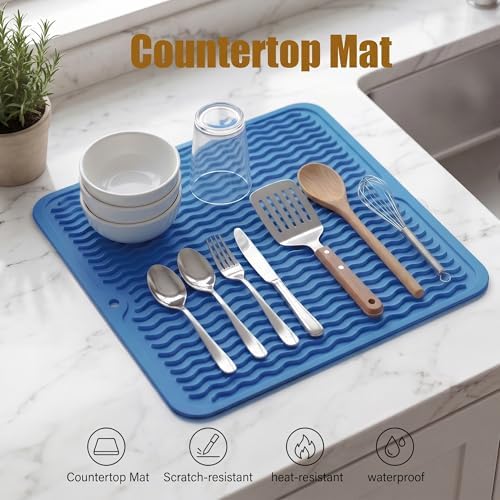 MicoYang Silicone Dish Drying Mat for Multiple Usage,Easy clean,Eco-friendly,Heat-resistant Silicone Mat for Kitchen Counter or Sink,Refrigerator or Drawer liner Lichen BlueL M 12 inches x 12 inches - Image 3