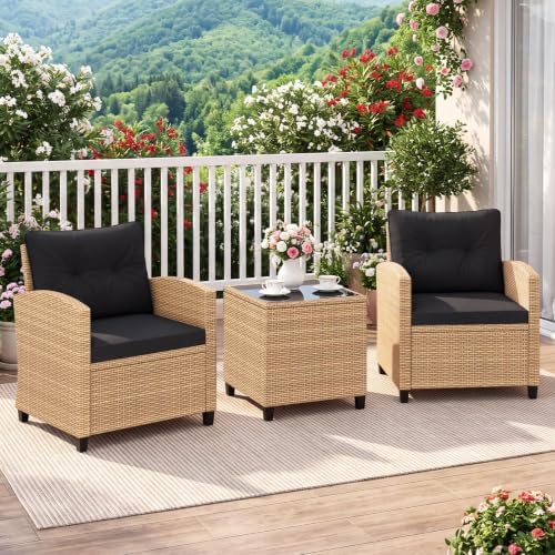 Tangkula 3 Pieces Patio Furniture Set, PE Rattan Wicker 3 Pcs Outdoor Sofa Set w/Washable Cushion and Tempered Glass Tabletop, Conversation Furniture for Garden Poolside Balcony - Image 3