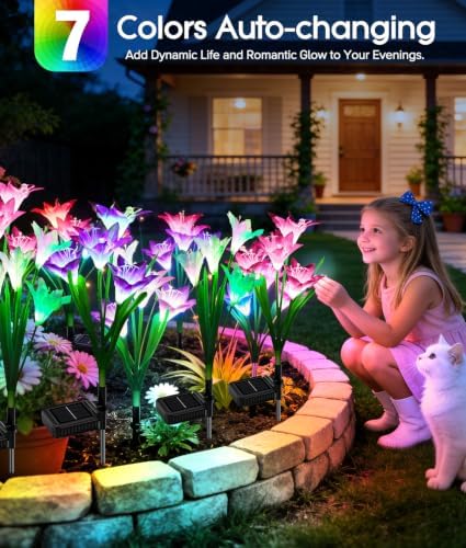 KOOPER Outdoor Solar Lights, 8 Pack Solar Garden Light with Bigger Lily Flowers, Waterproof 7 Color Changing Solar Lights Outdoor - Bigger Panel for Patio Yard Garden Decoration, Gift for Mom - Image 2
