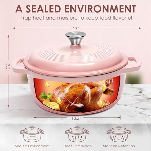 Cast Iron Dutch Oven Pot With Lid - AIVIKI 5QT Enameled Dutch Oven for Bread Baking With Cotton Potholders - Heavy- Duty Cookware Across All Cooktops, Wedding Registry Ideas & Gifts, Pink - Image 2