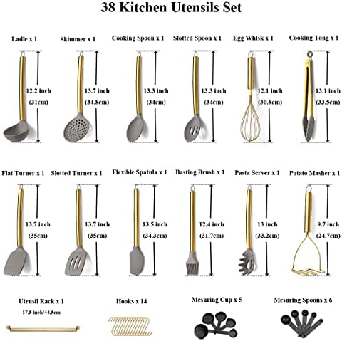 38 Piece Silicone kitchen Cooking Utensils Set with Utensil Rack, Silicone Head and Stainless Steel Handle Cookware, Kitchen Tools for Utensil Sets, Non-Stick kitchen Gadgets, Dishwasher Safe (Gold) - Image 2