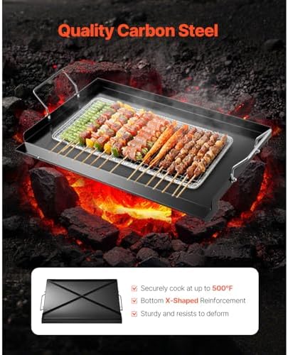 VEVOR Carbon Steel Griddle, Flat Top Plate, Griddle for BBQ Charcoal/Gas Gril with 2 Handles, Rectangular Flat Top Grill with Extra Drain Hole for Tailgating and Party - Image 2