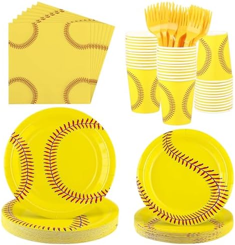 Kochorie 144 Pieces Softball Paper Plates and Napkins Sports Party Tableware Sets Including Disposable Paper Plates Napkins Cups Forks Serves 24 for Birthday Sports Softball Party Decorations by Kochorie