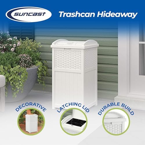 Suncast Hideaway Outdoor Trash Can with Lid - 30 Gallon Trash Can, White, Decorative Wicker-Style Garbage Bin, Weather-Resistant Resin, Fits 30-33 Gallon Bags, Ideal for Patio & Yard, Made in USA - Image 2