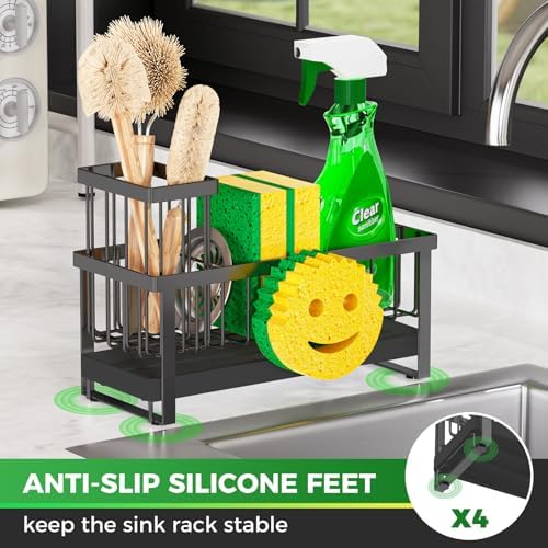 Sponge Holder for Kitchen Sink,Sink Caddy with Removable Dish Brush Holder,Self-Draining Kitchen Countertop Organizers and Storage Essentials,Soap Dispenser Organize and Home Decor-Black - Image 3