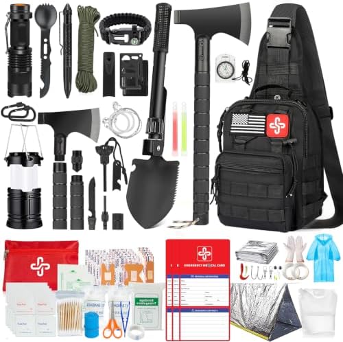 Survival Kit, 262Pcs Survival Gear and Supplies with First Aid Kit Pouch and Crossbody Bag, Emergency Kit with Tent, Camping Axe Hammer, Survival Shovel w/Pick, Bug Out Bag Gifts for Men Women by RIKOJUXI