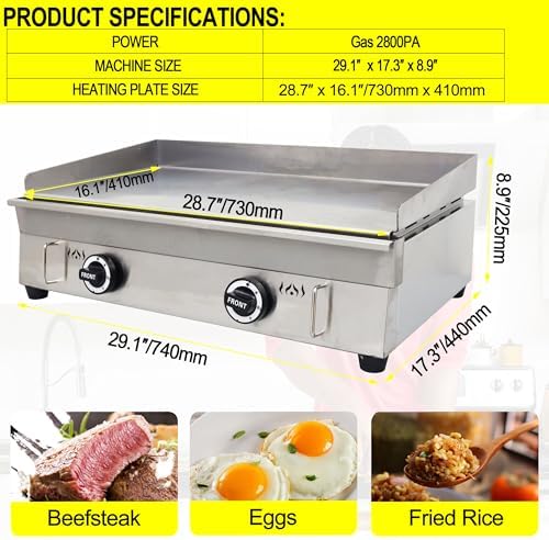 TECHTONGDA LPG Gas Countertop Flat Top Griddle Commercial Stainless Steel Griddle Grill Hot Plate BBQ Teppanyaki Grill with Adjustable Temperature Control for Restaurant Kitchen 2800Pa 28.94x16.14 in - Image 2