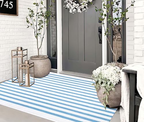BUAGETUP Outdoor Rug 3'x 5',Light Blue Striped Area Rug Hand-Woven Cotton Washable Rug Indoor/Outdoor Area Rug Floor Mat for Farmhouse Living Room Bedroom - Image 7