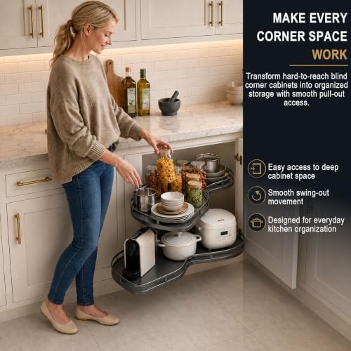 Blind Corner Cabinet Pull Out Organizer,Height-Adjustable 2-Tier Shelves - Image 5