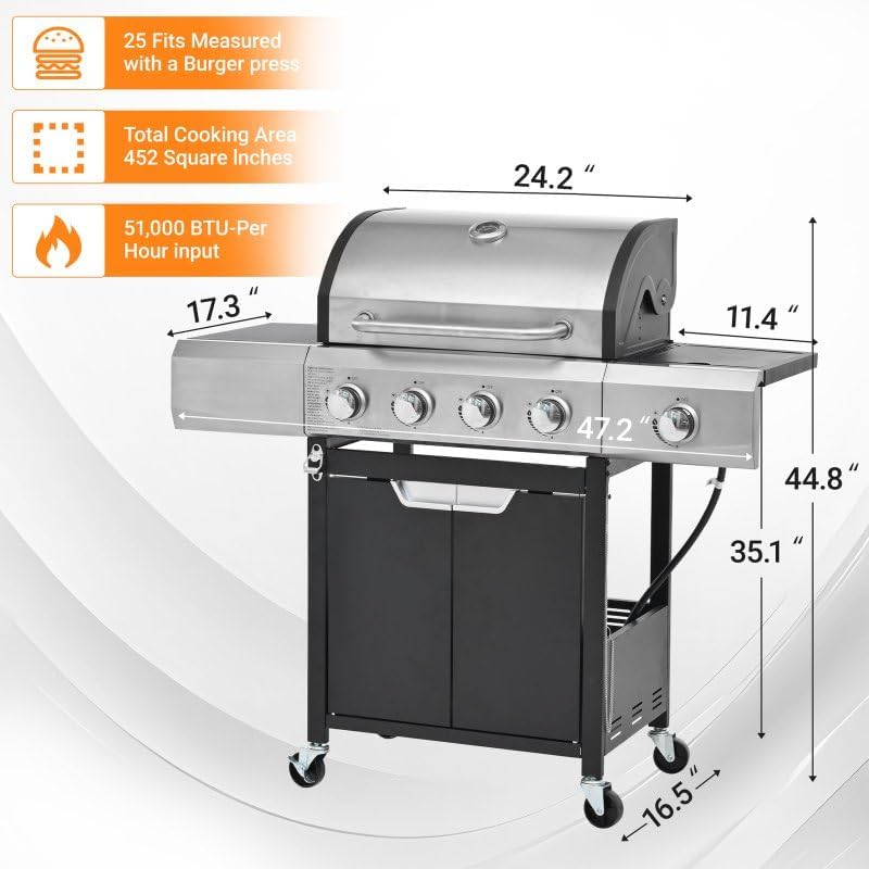 Endark 51,000 BTU Gas Grill with Cover – 4 Stainless Steel Burners + Side Burner, Large Portable BBQ for Camping, Backyard, Tailgating & Outdoor Parties - Image 2