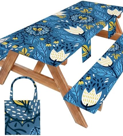 Picnic Table Cover with Bench Covers Waterproof Elastic Rectangle Tablecloth Camping Essentials Supplies Rv Car Travel Gear Must Haves Accessories Fitted Table Cloth Outdoor Road Trip Camper Gifts 6ft by Wrakus