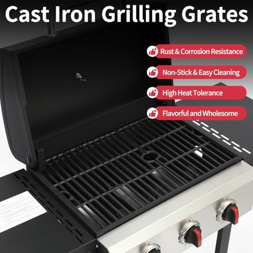 3-Burner Propane Gas Grill with Cast Iron Grate, 30,000 BTU Output & 252 Sq. Inch Cooking Space, Easy-Clean System & Foldable Side Tables for Outdoor BBQ (3-Burner) - Image 6