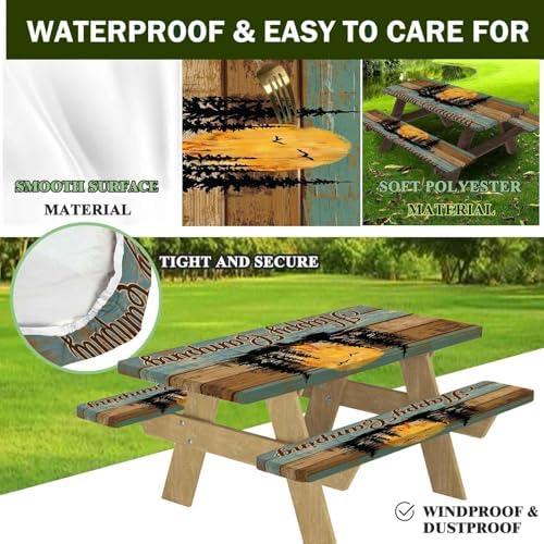 CAPSCEOLL Fitted Picnic Table Cover with Bench Covers 8ft - Camping Fire - Image 6