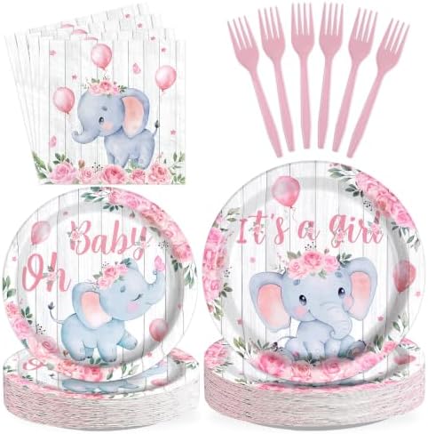 96 Pcs Pink Elephant Baby Shower Decorations for Girls, Serves 24 by Greencian