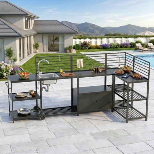 LEVELEVE Modular Outdoor Kitchen Island 5-Piece Set, Aluminum Outdoor Prep Station Grill Cart with Independent Sink, Storage Cabinets & Shelves for Backyard Patio Deck by Enjoyyourlife