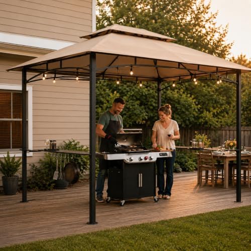 Garvee 8x5 Grill Gazebo, Outdoor BBQ Canopy Shelter with Double Tiered Roof Ventilation - Heavy Duty Patio Canopy Tent Steel Frame for Backyard Garden Lawn Grilling Party Picnic Cooking Events, Brown by Garvee