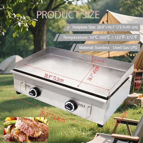 2800Pa 28.9" x 16.1" Stainless Steel Commercial Home Gas Grill Griddle, LPG Countertop Flat Top Grill with 6MM Thick Steel Plate, Ideal for Camping, Outdoor and Kitchen Use - Image 2