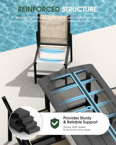 HDPE Outdoor Dining Set, Patio Table and 6 Stackable Armless Chairs, Black - Image 6