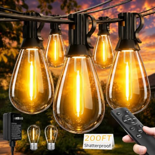 Tenmiro 200FT LED Outdoor String Lights with Remote, 72+2 Shatterproof Bulbs Dimmable Timing 3 Light Modes Outside Patio Lights for Backyard Porch Deck Garden Balcony Pool party Hanging Lighting Decor by Tenmiro