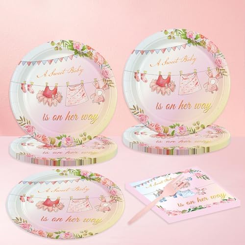 75PCS Floral Baby Girl Shower Plates and Napkins Decorations Party Favors, 7Inch A Sweet Baby Is on Her Way Paper Dessert Plates Disposable Tableware Party Supplies - Image 2