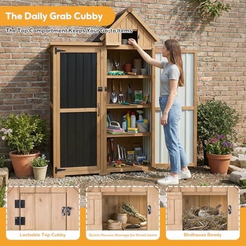 PetsCosset Outdoor Storage Cabinet Wood & Metal Garden Shed with Lockable Doors, 3 Adjustable Shelves, Weatherproof Patio Backyard Storage for Tools & Garden Supplies - Image 5