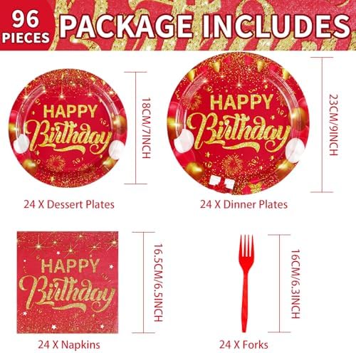 Grencian 96PCS Red and Gold Happy Birthday Decorations, Serves 24 - Image 4