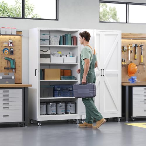 Letaya Metal Garage Storage Cabinet with Wheels,71" White Tool Steel Locker - Image 2