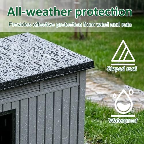 Chicken Coop with Hydraulic Air Rod, Resin Duck Coop with Elevated Floor and Air Vents, Duck House, Backyard Poultry Pet Shelter with Weatherproof Openable Roof, for Chicken, Ducks, Rabbits, Grey - Image 4