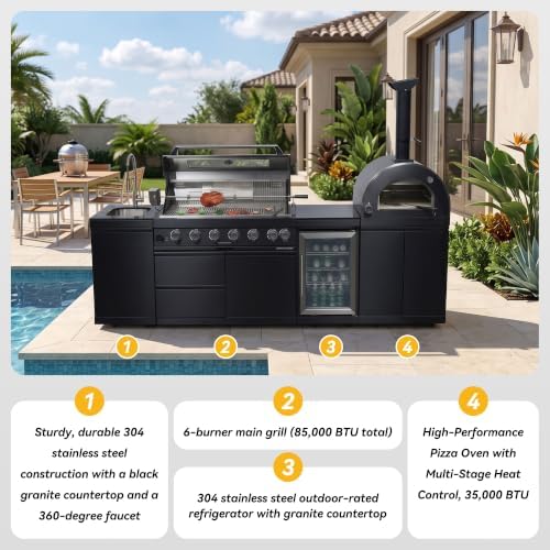 109" Black Outdoor Kitchen Island 6-Burner Propane Grill Pizza Oven Fridge - Image 6