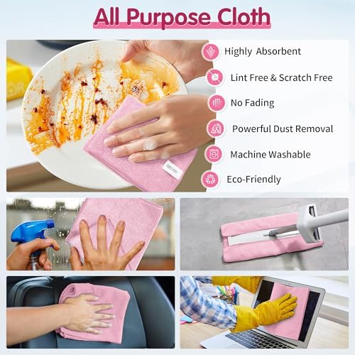 FIXSMITH Pink Microfiber Cleaning Cloth -Pack of 8, Highly Absorbent Cleaning Rags, 16"X12" All Purpose Cleaning Towels for Housekeeping, Kitchen, Car, Lint Free and Reusable Microfiber Towels - Image 6