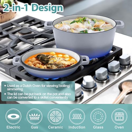 TeamFar 5qt Dutch Oven, Pre-seasoned Cast Iron for Bread Baking, Gray - Image 5