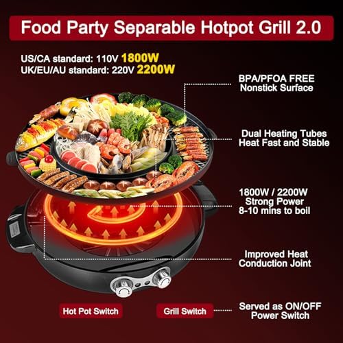 Food Party Hot Pot Electric Korean BBQ Grill Combo Hotpot Smokeless Indoor Grill 16.5" Detachable Easy Cleaning 110V 1800W Shabu Shabu Pot with Divider - Image 3