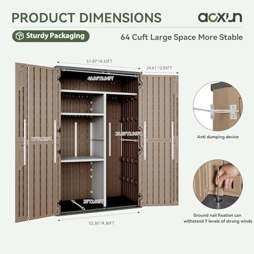Aoxun 64 Cu.Ft Waterproof Resin Outdoor Shed with Floor & Shelving, Brown - Image 3