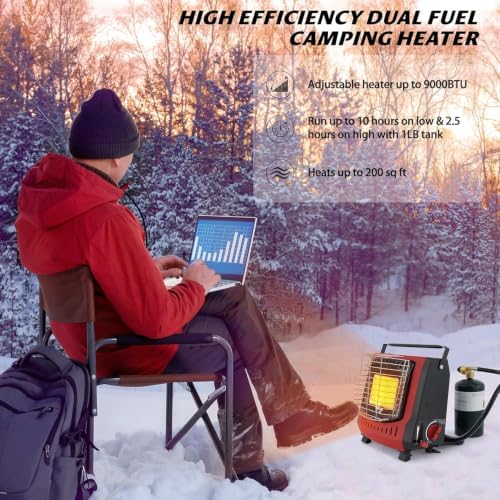 Portable Outdoor Heater with 8FT Hose, 9000 BTU Propane Heater Fuel by Butane/Propane, Self-Ignition, Tip-over&Low-Oxygen Safety Shutoff, Compact Camping&RV Heater for Tents, Hiking(Fuel not included) - Image 3