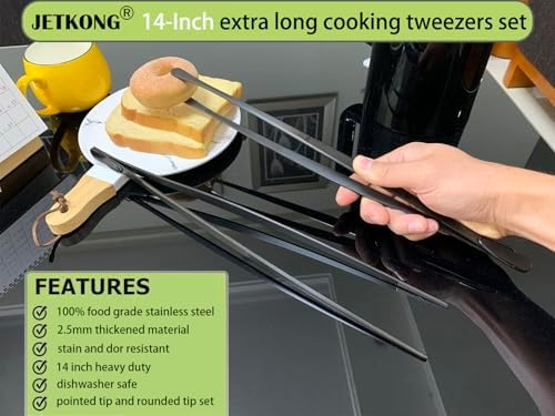 JETKONG 2 Pcs 14-Inch Food Tweezer Tongs Extra Long Stainless Steel Kitchen Tweezer Cooking Tweezers (Black) - Image 3