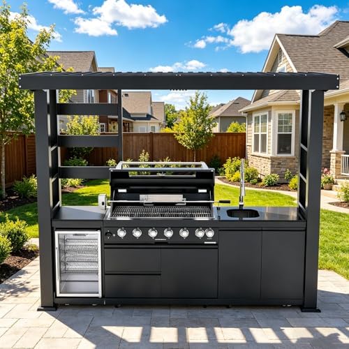 108" Outdoor Kitchen Island Crafted from Stainless Steel,6-Burner 85,000 BTU Natural Gas Grill with Rotisserie Oven,Galvanized Steel Roof,Granite Countertops,Refrigerator,Storage,Sink.(Natural Gas) by INOTEVERITORY